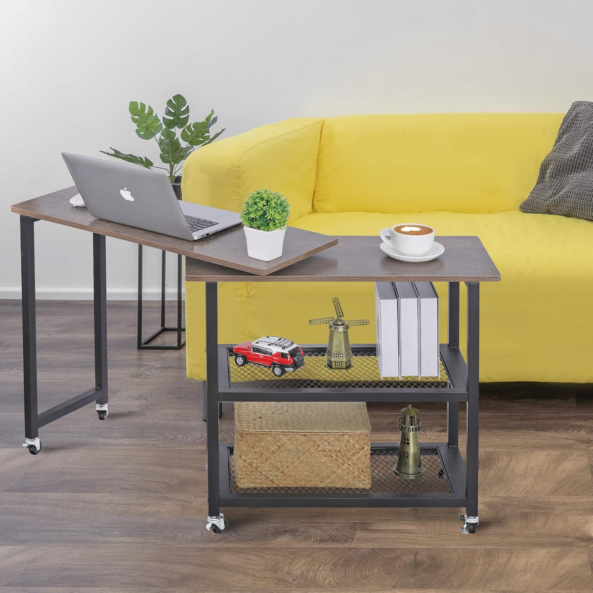 360° Rotating Sofa Side Table with 2-Tier Steel Storage Shelves Grey F63935