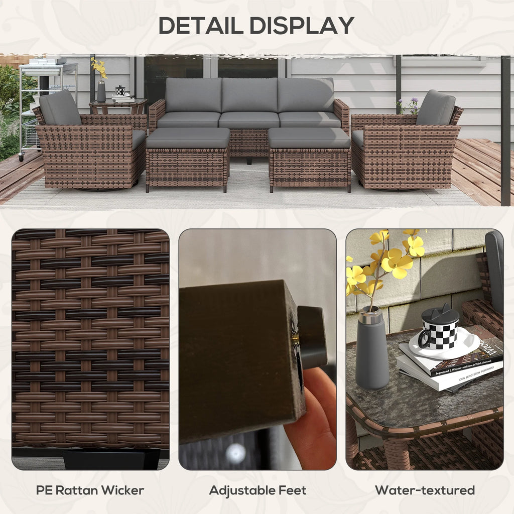 6pc Patio Furniture Set with Couch, Swivel Rocking Chairs, Brown X856608