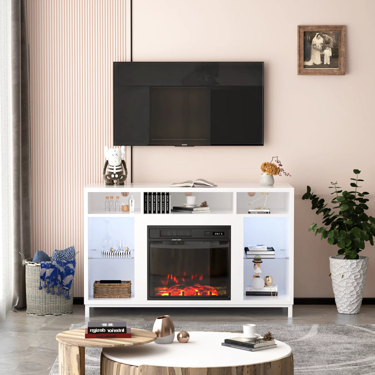 White Fireplace TV Stand with 18" Electric Fireplace and Adjustable Glass Shelves N20562