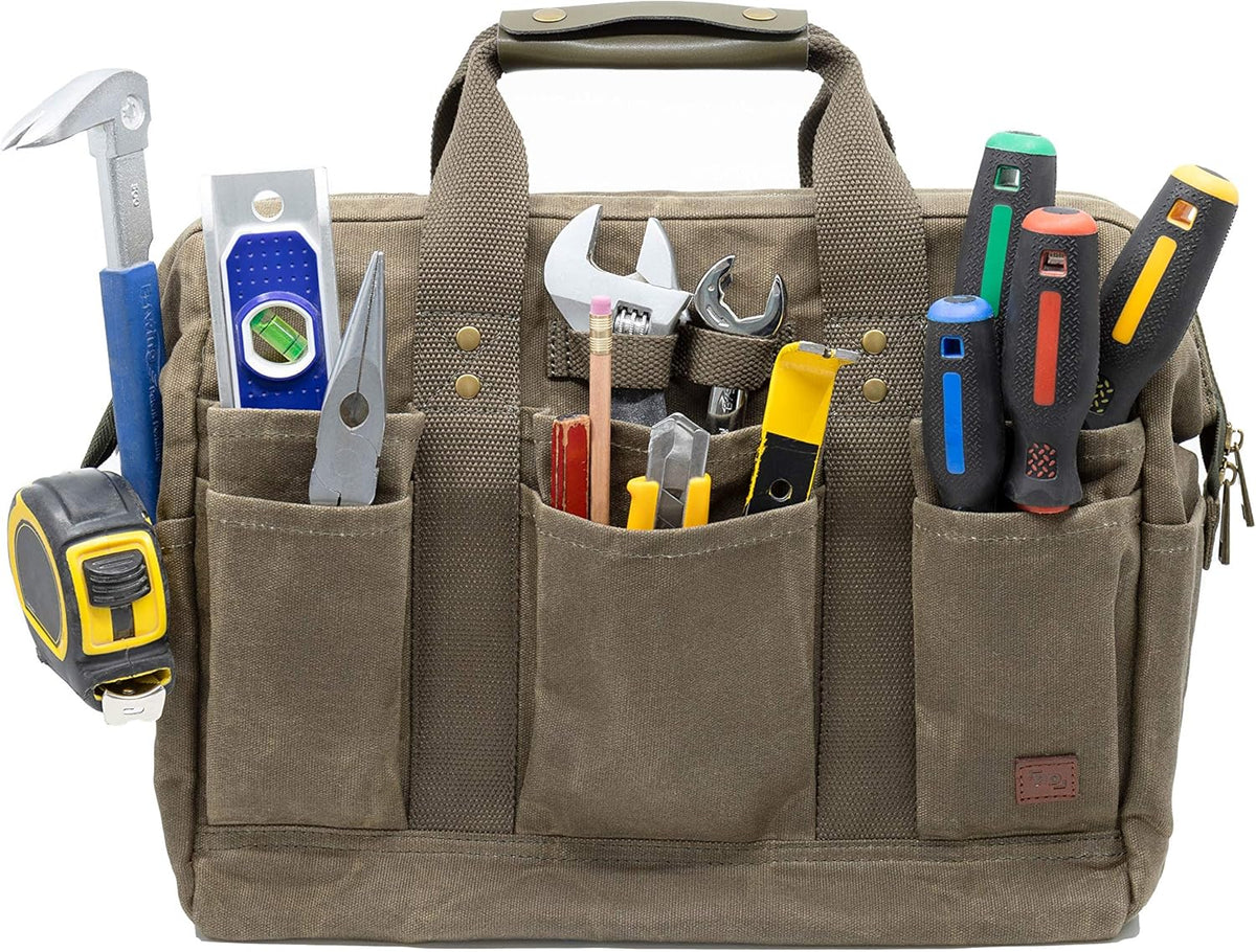 Khaki Canvas Tool Bag 14-Inch 18 Pockets X7766