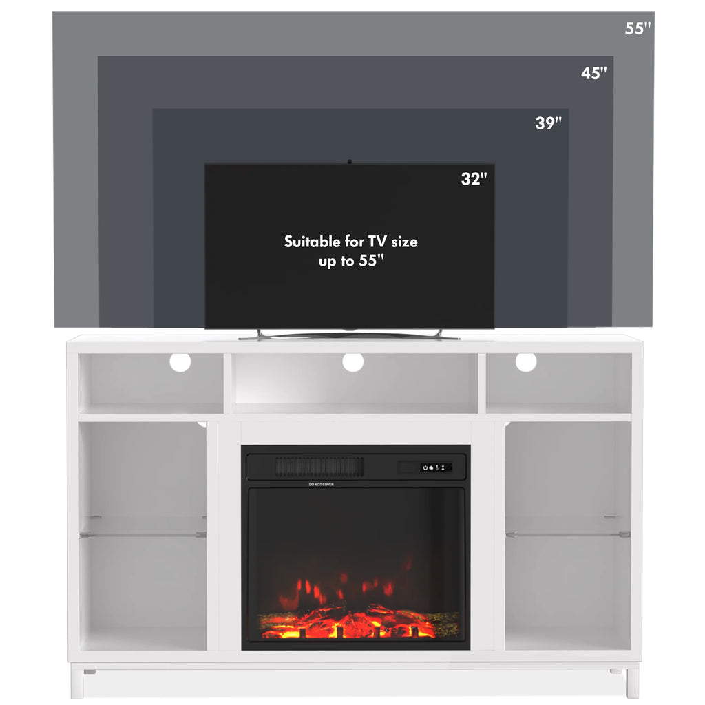 White Fireplace TV Stand with 18" Electric Fireplace and Adjustable Glass Shelves N20562