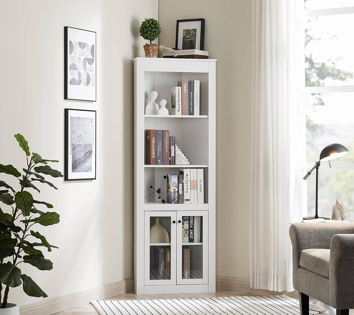 White Bar Cabinet Bookshelf with Glass Doors N71808