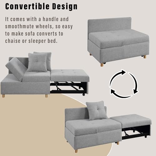 Light Gray Linen Convertible Sleeper Sofa Chair with 2 Throw Pillow V927371