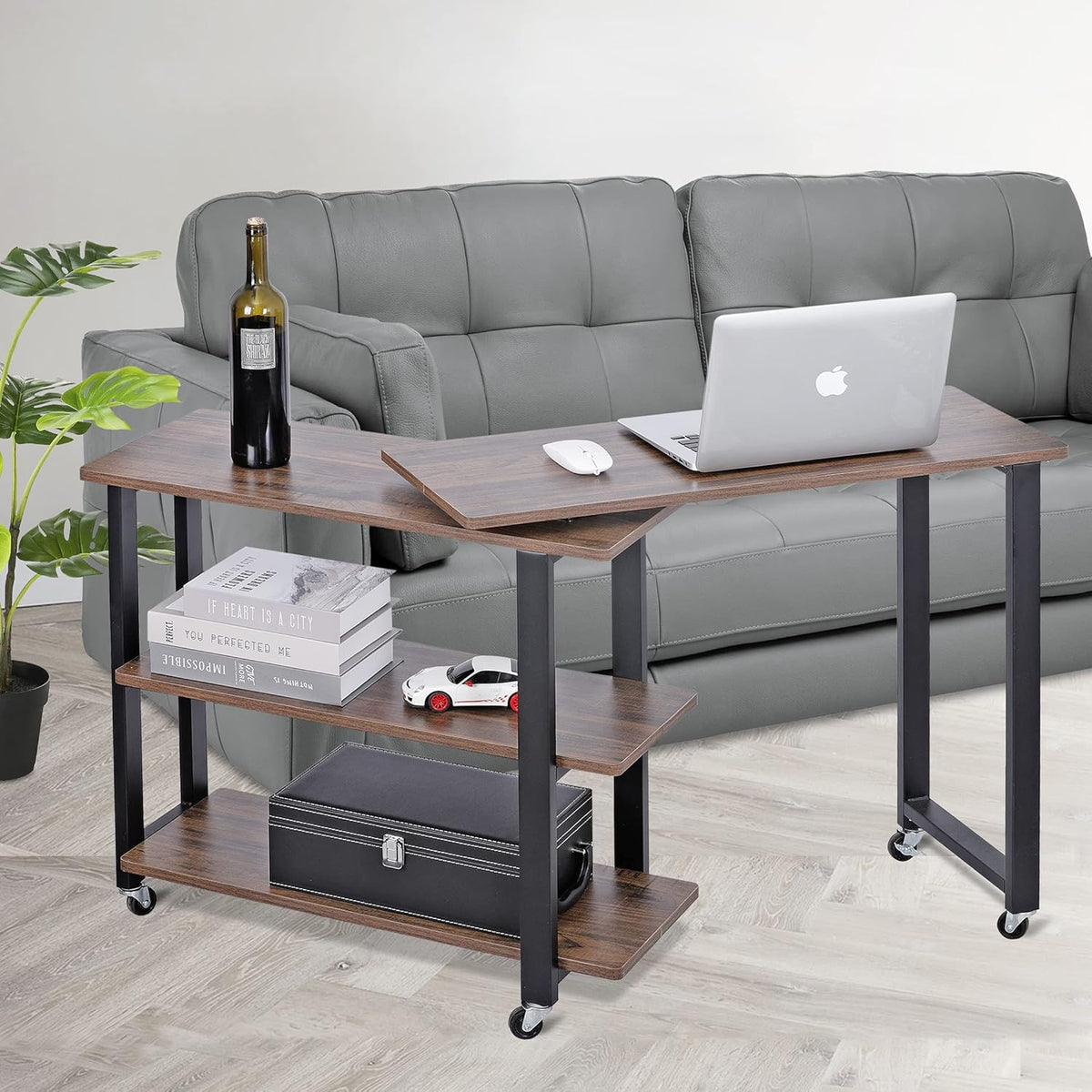 360° Rotating Sofa Side Table with 2-Tier Steel Storage Shelves Grey F63935