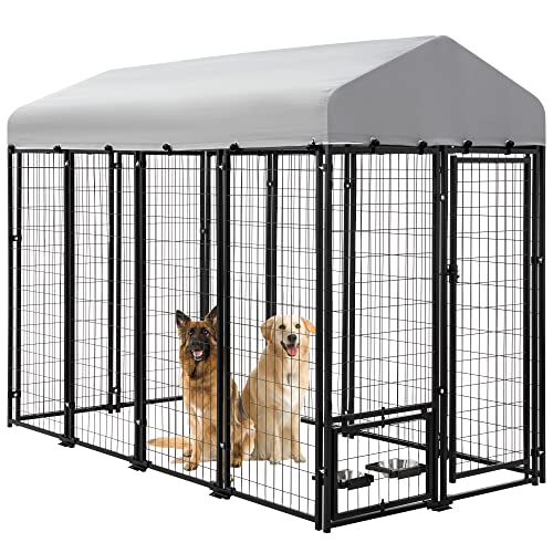 Large Dog Kennel Heavy Duty Welded Wire Steel Cage with Waterproof Cover (8x4x6 ft) I19128