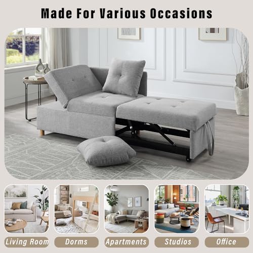 Light Gray Linen Convertible Sleeper Sofa Chair with 2 Throw Pillow V927371