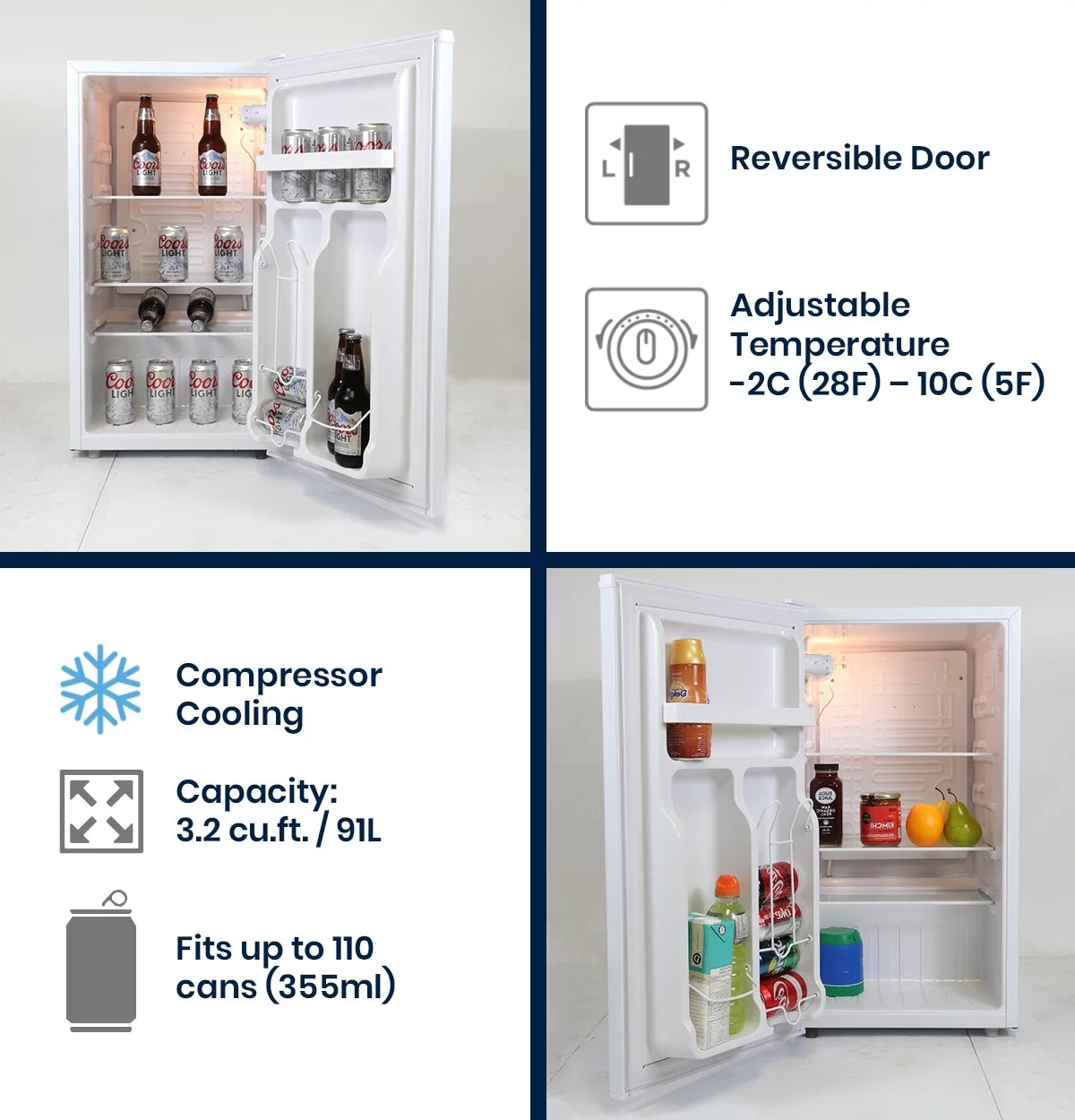 Compact Fridge with Bottle Opener, 90 L 3.2 Cubic Foot D8308