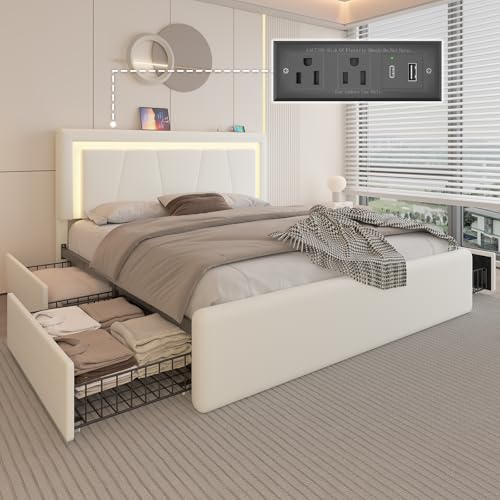 White Full Size Upholstered Platform Bed Frame with 4 Storage Drawers N373