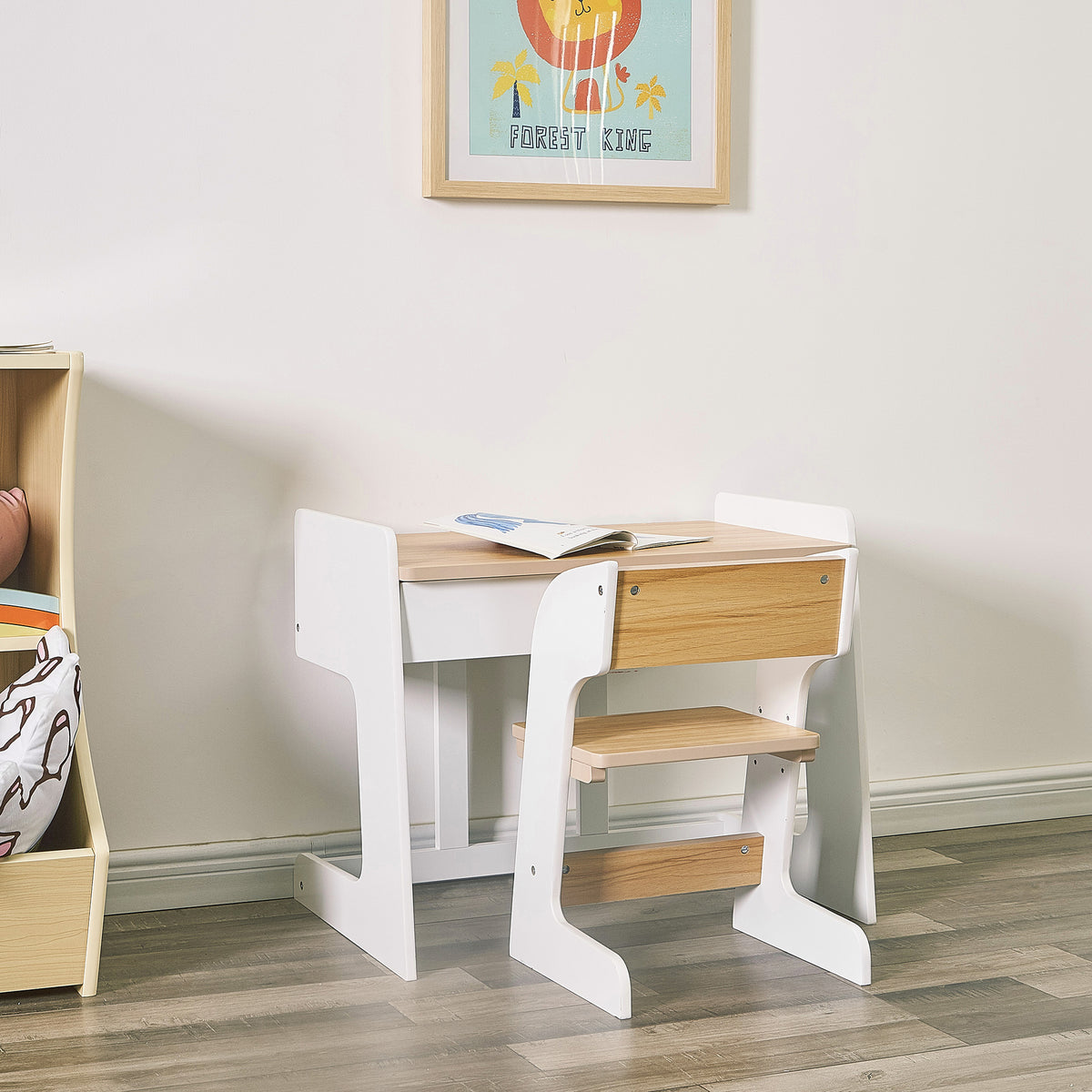 White & Natural Wooden Kids Table and Chair Set, 2 Piece P190