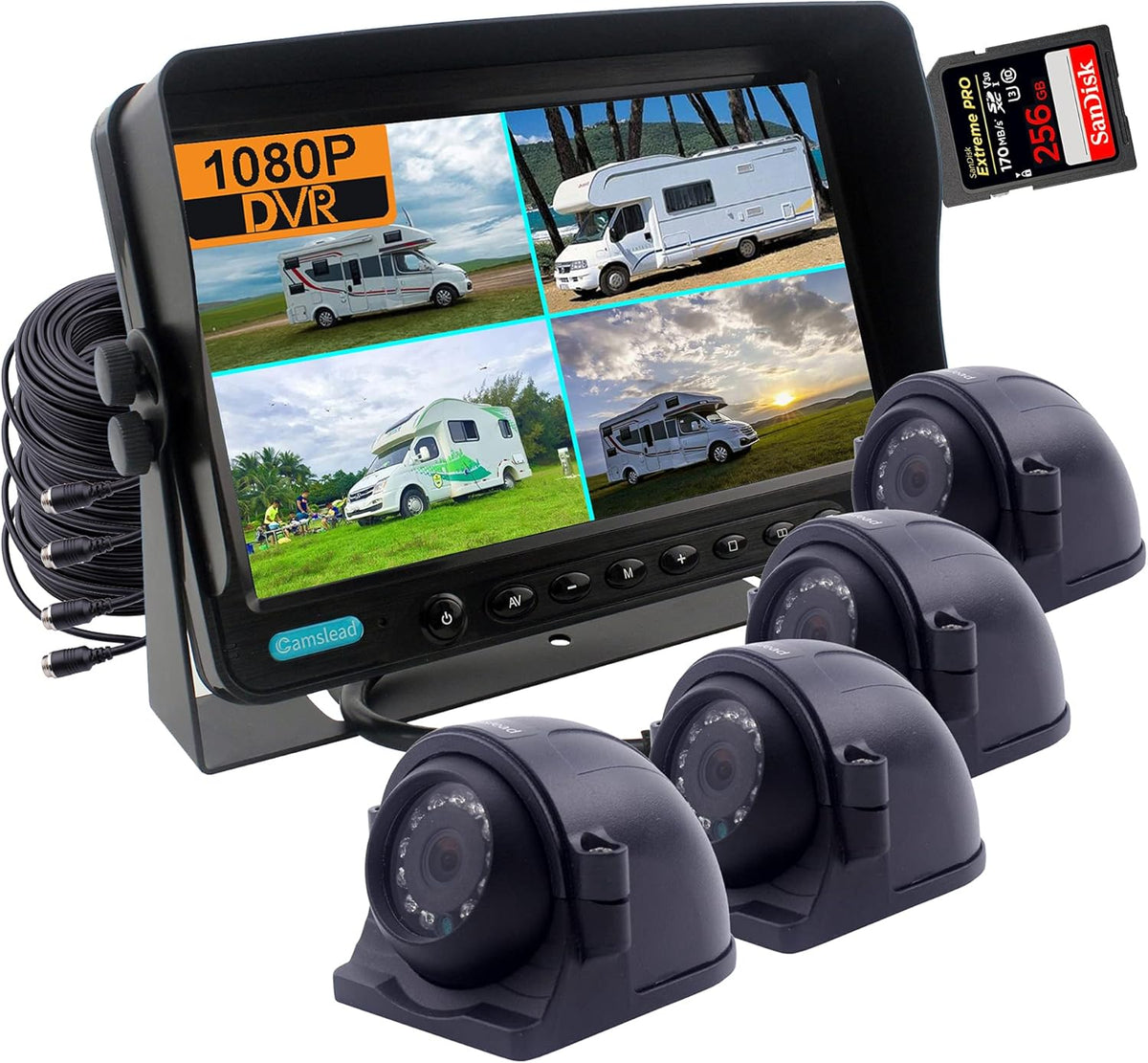 9 inch 1080P HD Digital Monitor Rear View Camera System with Wired HD DVR Recorder, 4 Channel Input, Quad Split Screen, 4X 1080P Heavy Duty Waterproof Backup Side View Camera N82104