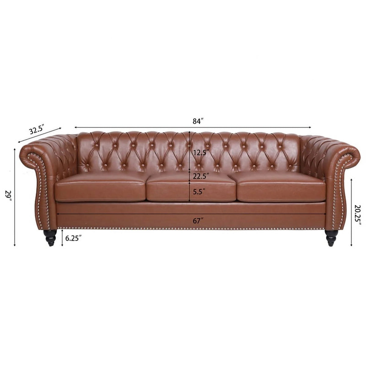 Brown PU Rolled Arm Chesterfield Three Seater Sofa W882049