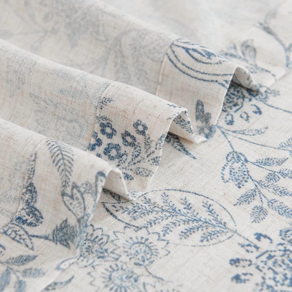 Floral Linen Semi Sheer Curtains 84 inch 2 Panels Blue on Beige N188475