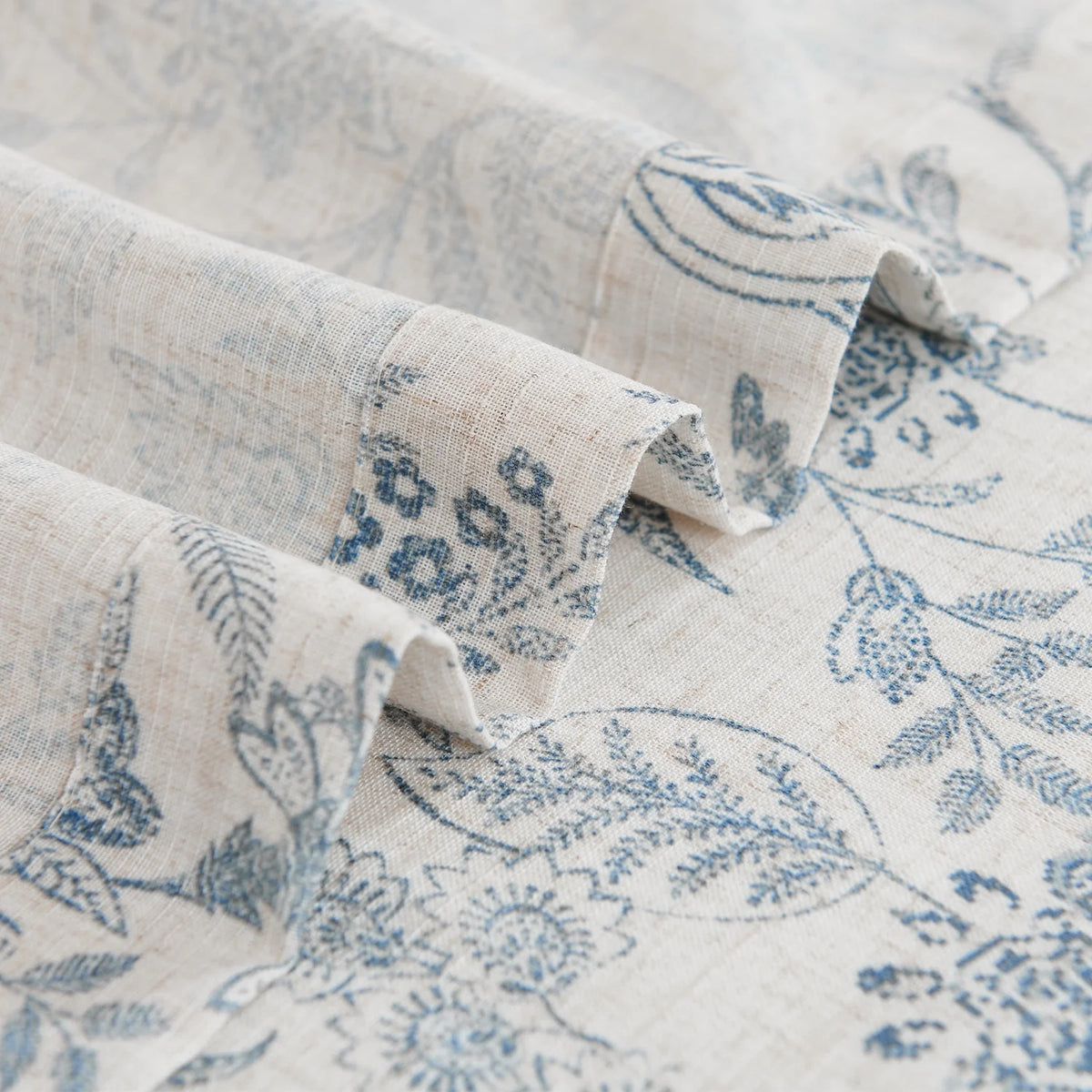Floral Linen Semi Sheer Curtains 84 inch 2 Panels Blue on Beige N188475