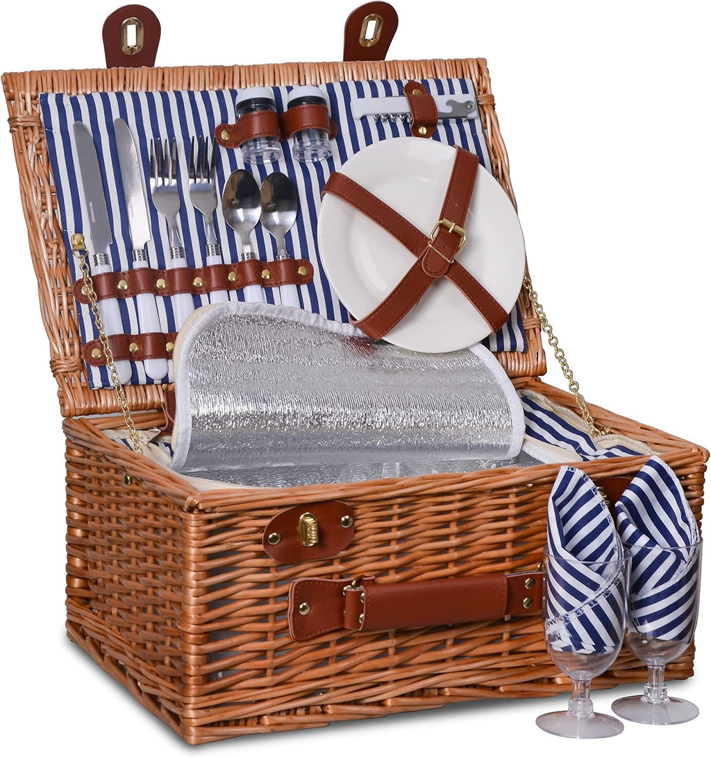 Wicker Picnic Basket Set with Insulated Cooler, Blue Gingham, Pack of 2 N755872