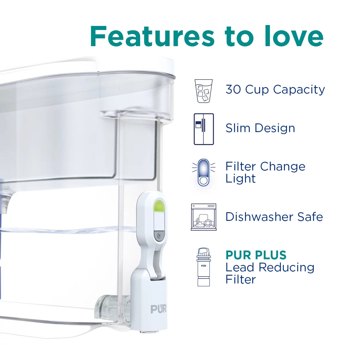 30 Cup Water Filter Dispenser with Filter, Dishwasher Safe, White J1503