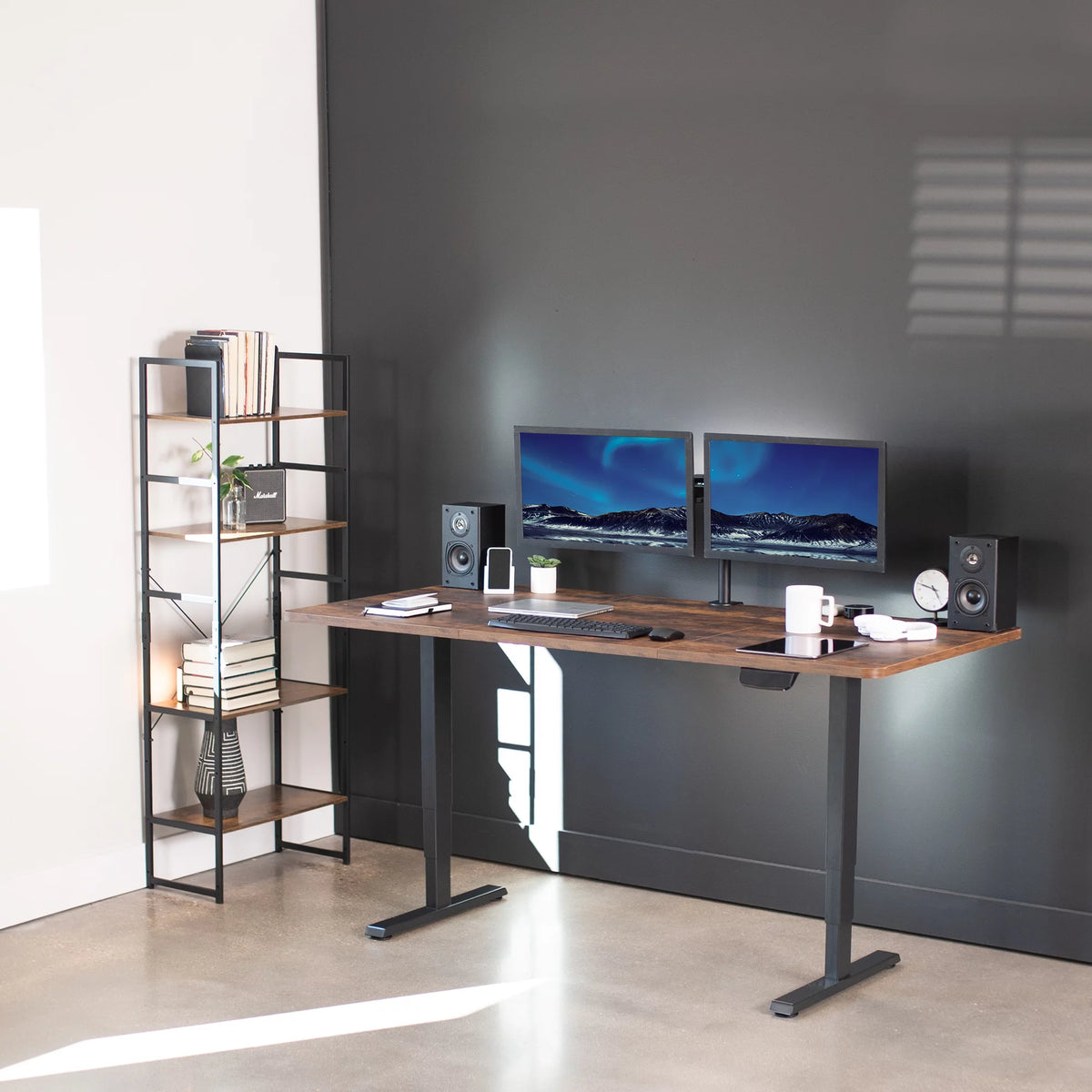 Electric 71”x36” Stand Up Desk, Rustic Vintage Brown Table Top, Black Frame H118919