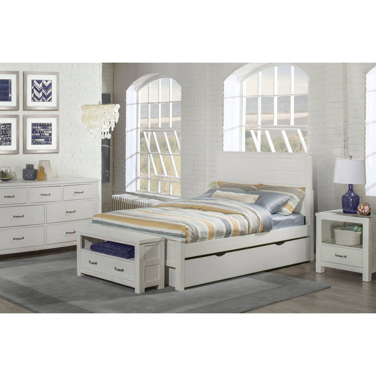 White Full Panel Bed with Trundle F17841