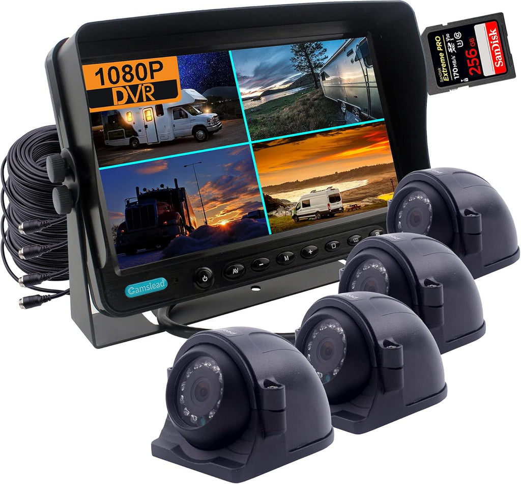 9 inch 1080P HD Digital Monitor Rear View Camera System with Wired HD DVR Recorder, 4 Channel Input, Quad Split Screen, 4X 1080P Heavy Duty Waterproof Backup Side View Camera N82104