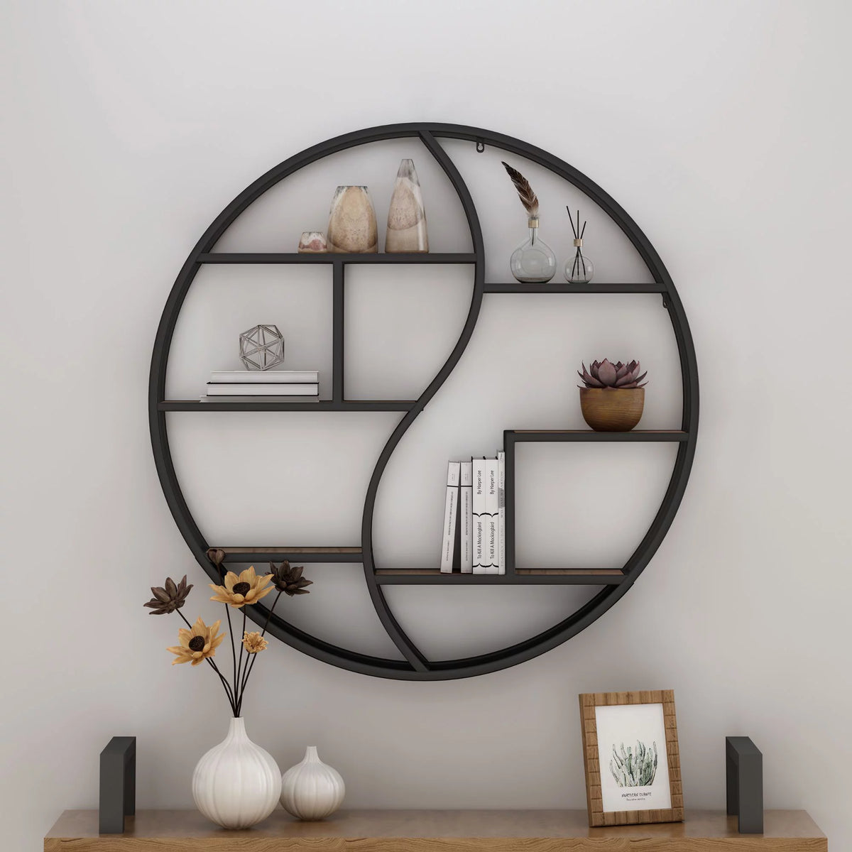 Brown and Black Contemporary Round Hanging Wall Shelf O523