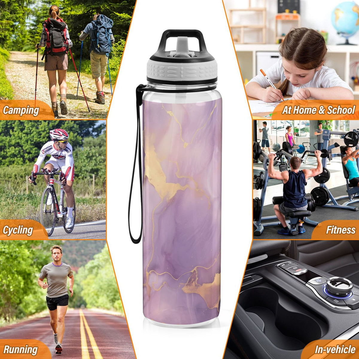 Purple and Gold Marble 32oz Tritan Leakproof Sports Bottle with Straw F567