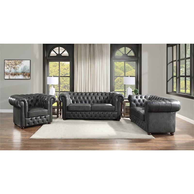 Faux Leather Tufted Chesterfield Arm Chair in Gray and Brown Q4027