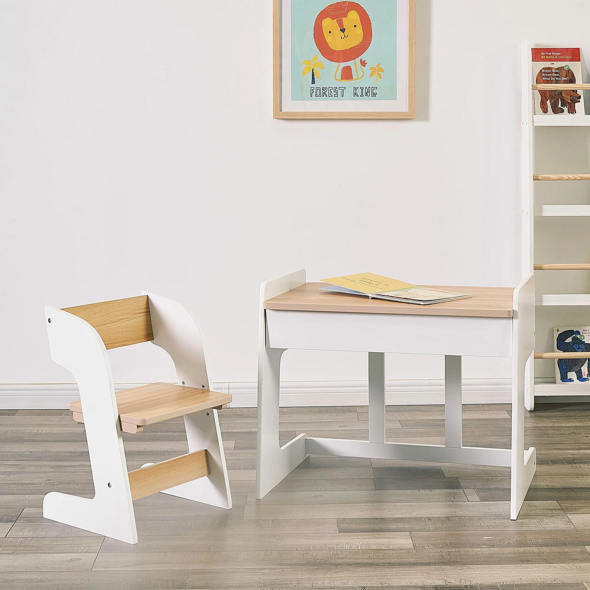 White & Natural Wooden Kids Table and Chair Set, 2 Piece P190