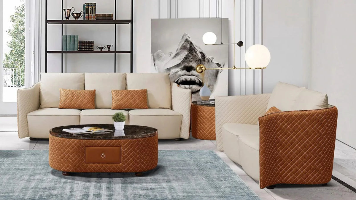 Orange Italian Leather Marble Top Coffee Table Set 2 H311809