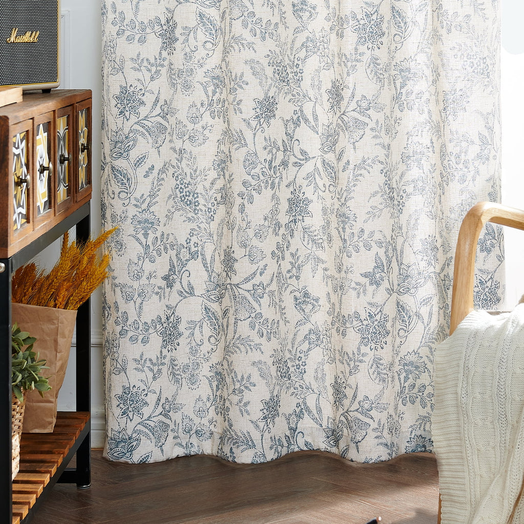 Floral Linen Semi Sheer Curtains 84 inch 2 Panels Blue on Beige N188475