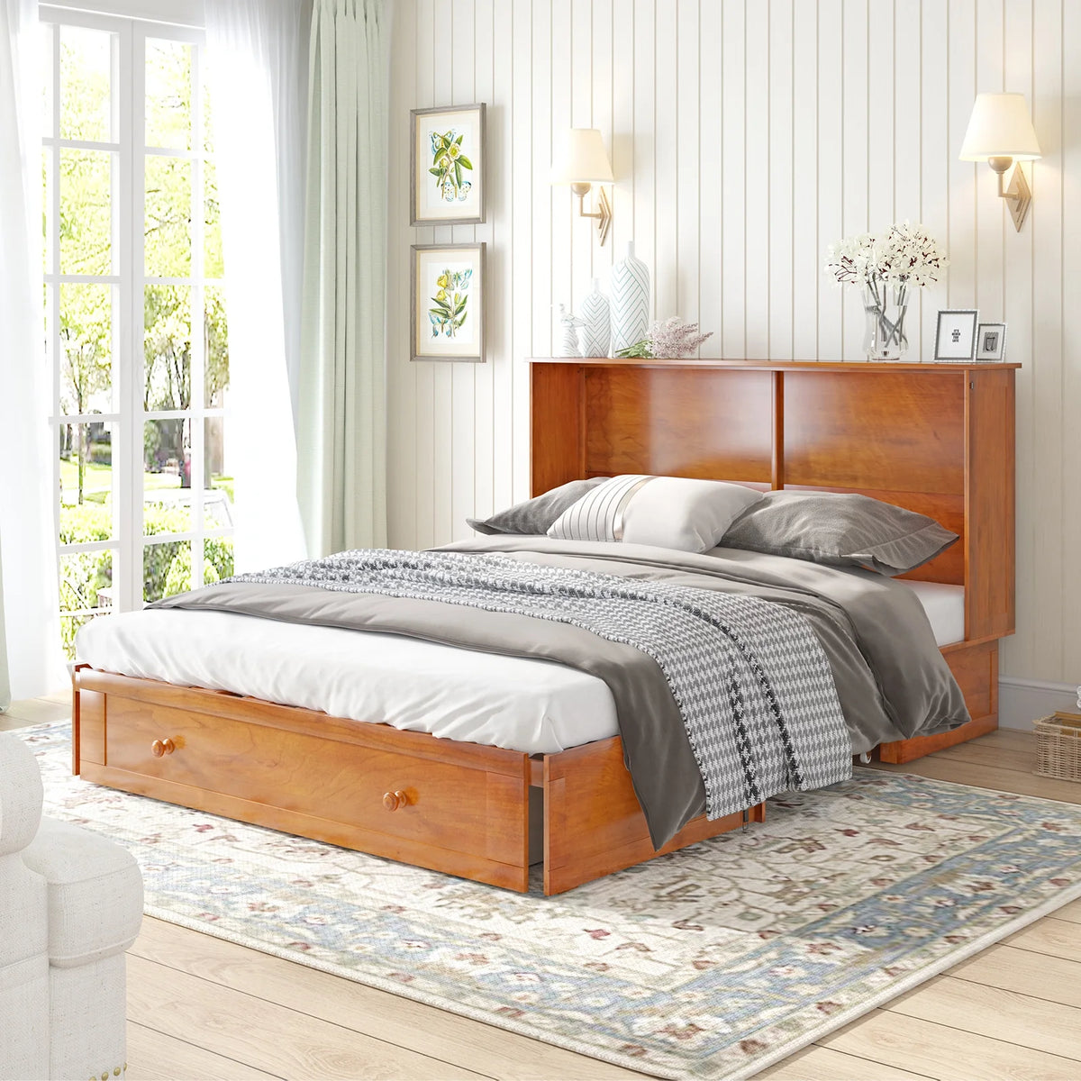 Queen Size Murphy Bed with Trifold Foam Mattress and USB Charging Station V295