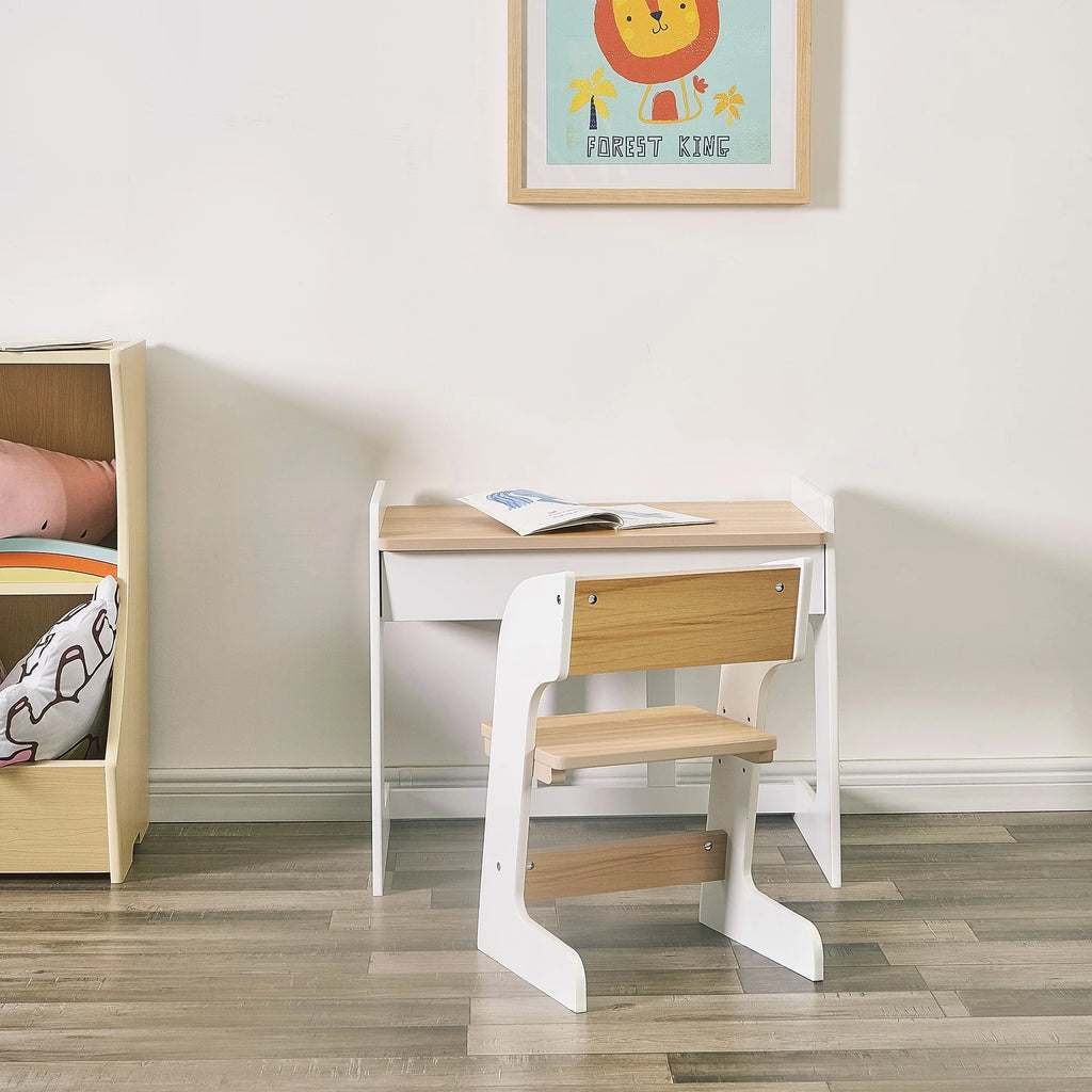 White & Natural Wooden Kids Table and Chair Set, 2 Piece P190