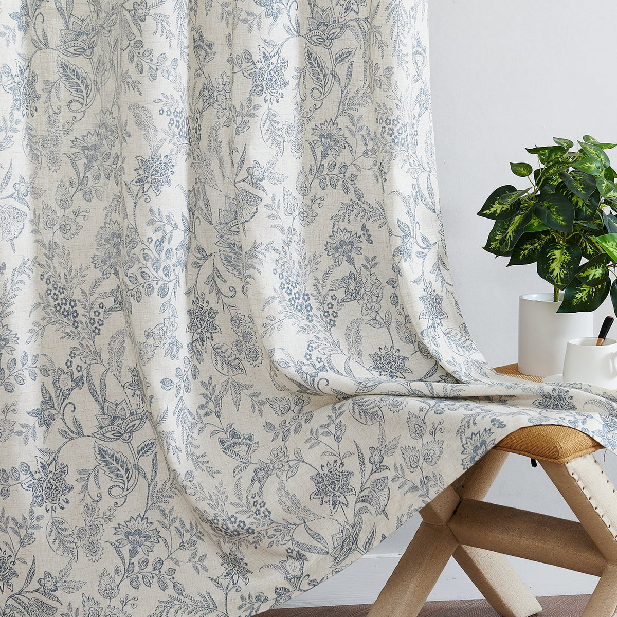 Floral Linen Semi Sheer Curtains 84 inch 2 Panels Blue on Beige N188475