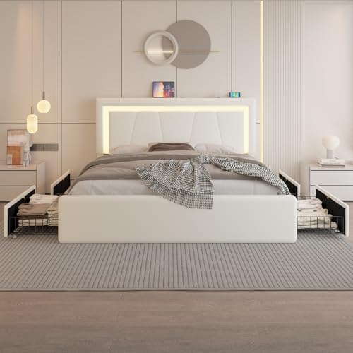 White Full Size Upholstered Platform Bed Frame with 4 Storage Drawers N373