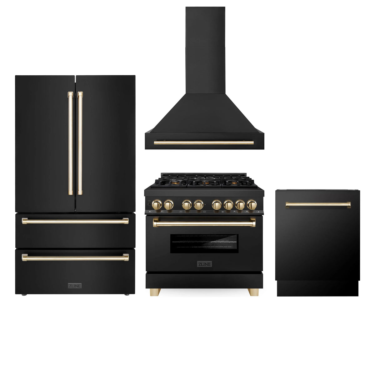 36 Dual Fuel Range, Range Hood, Refrigerator, Dishwasher in Black Stainless H6263
