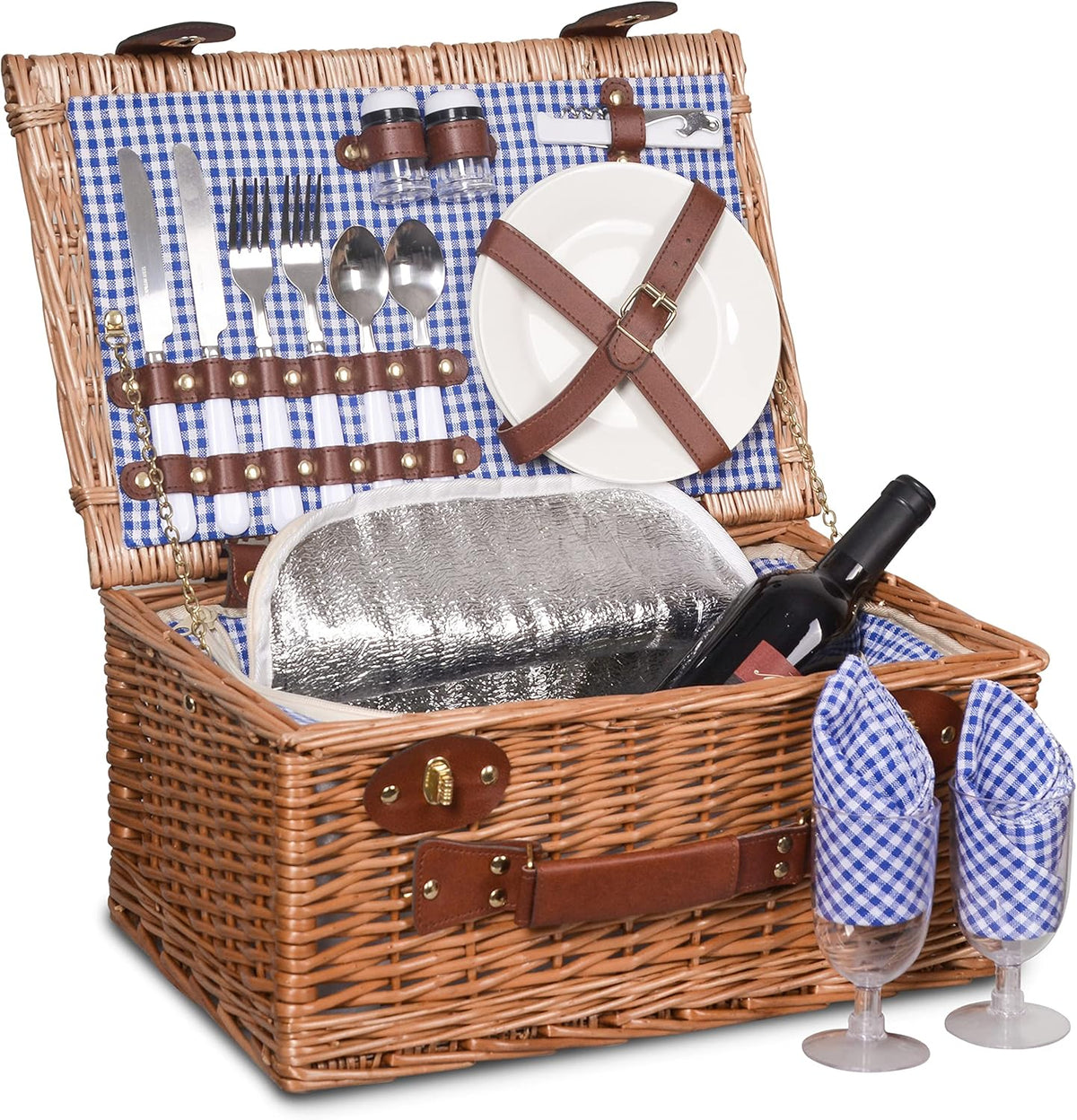 Wicker Picnic Basket Set with Insulated Cooler, Blue Gingham, Pack of 2 N755872