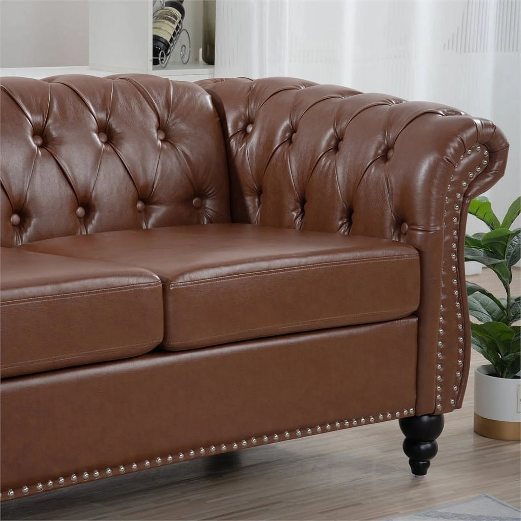 Brown PU Rolled Arm Chesterfield Three Seater Sofa W882049