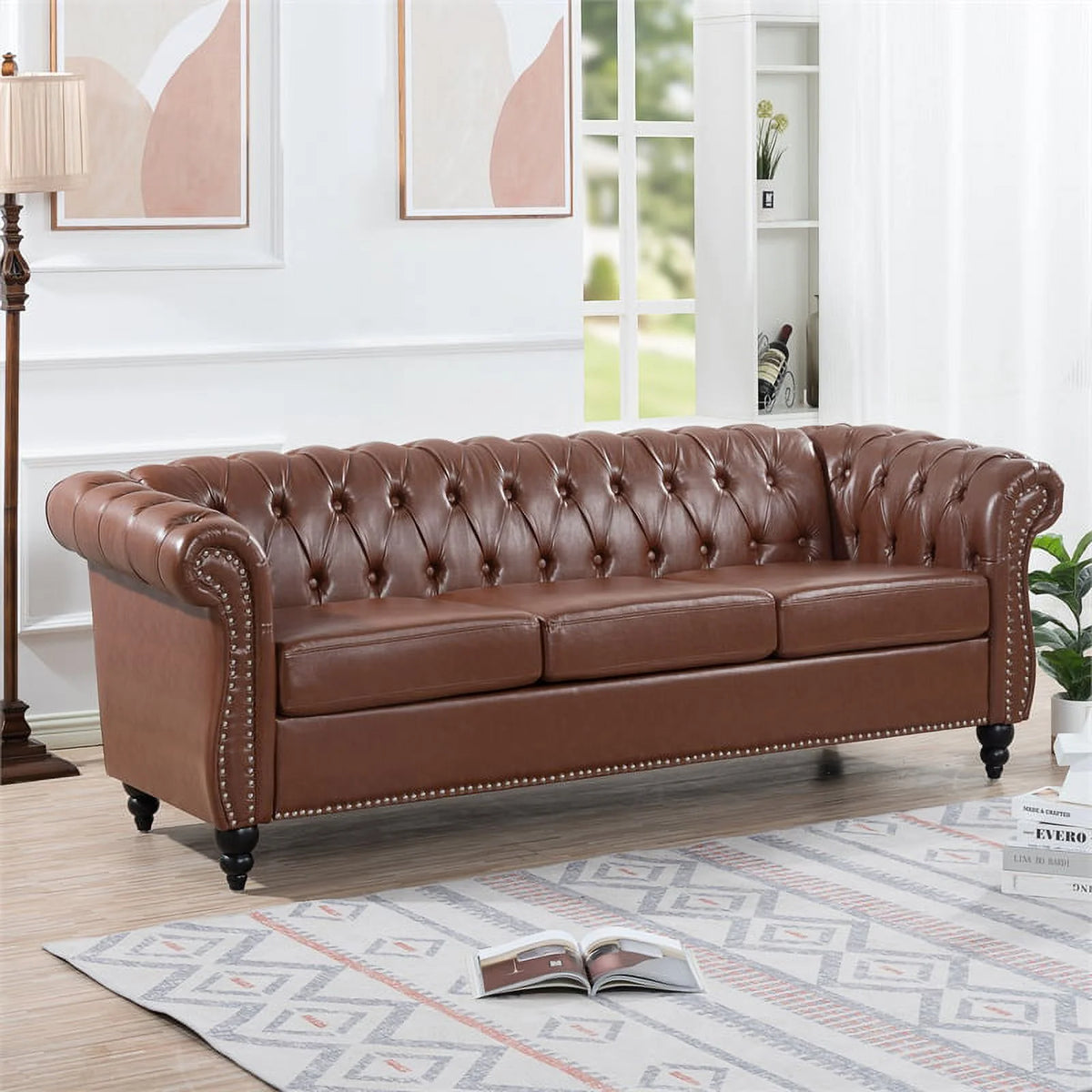 Brown PU Rolled Arm Chesterfield Three Seater Sofa W882049