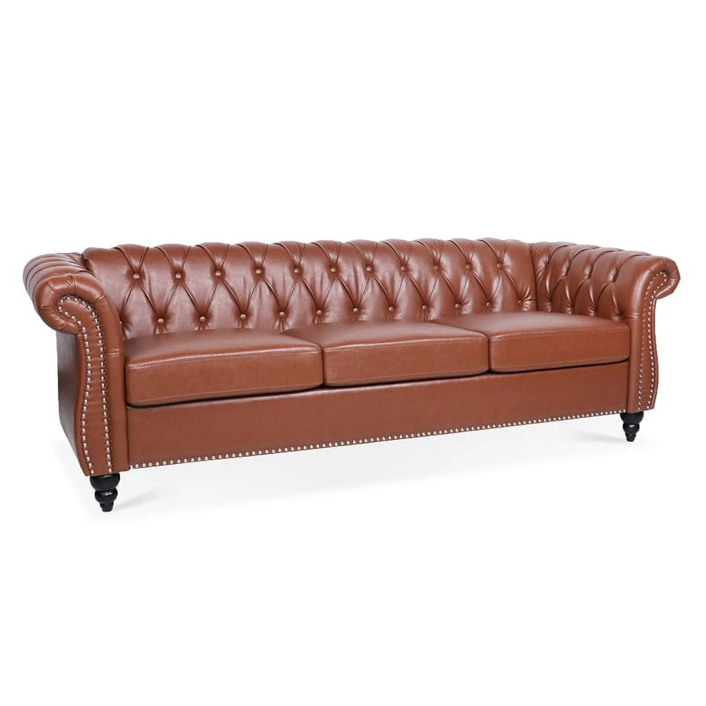 Brown PU Rolled Arm Chesterfield Three Seater Sofa W882049