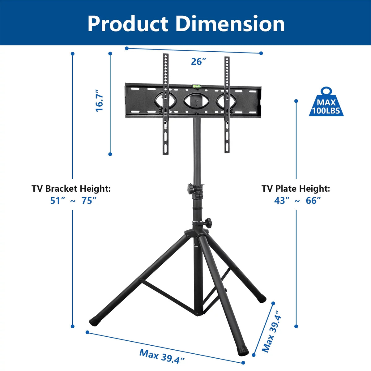 Black Portable Tripod TV Stand up to 75 inch W7320