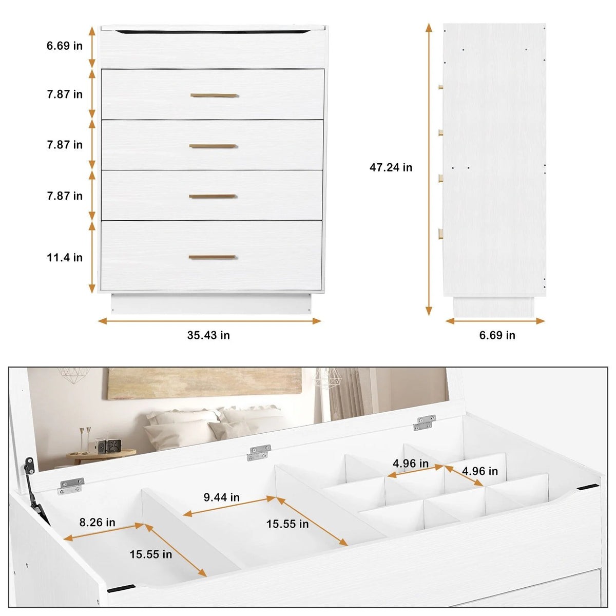 5 Tier Drawer Chest with Mirror Grey I305544