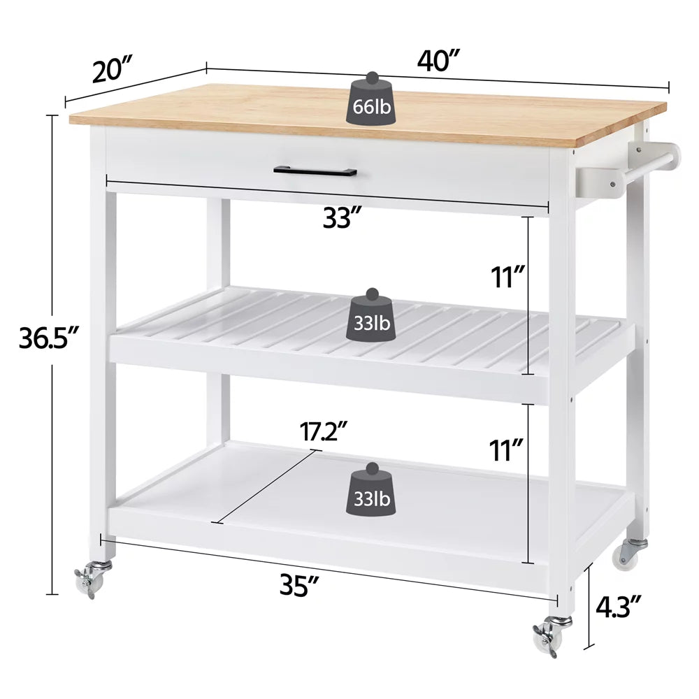 White Kitchen Island Cart with Wheels Storage Drawer O6910