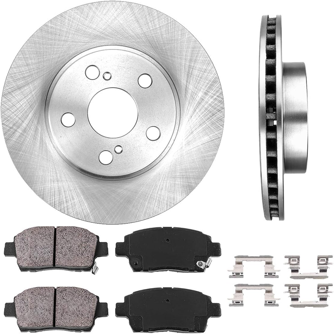 Premium 5 Lug Brake Disc Rotors with Ceramic Brake Pads and Clips W7394