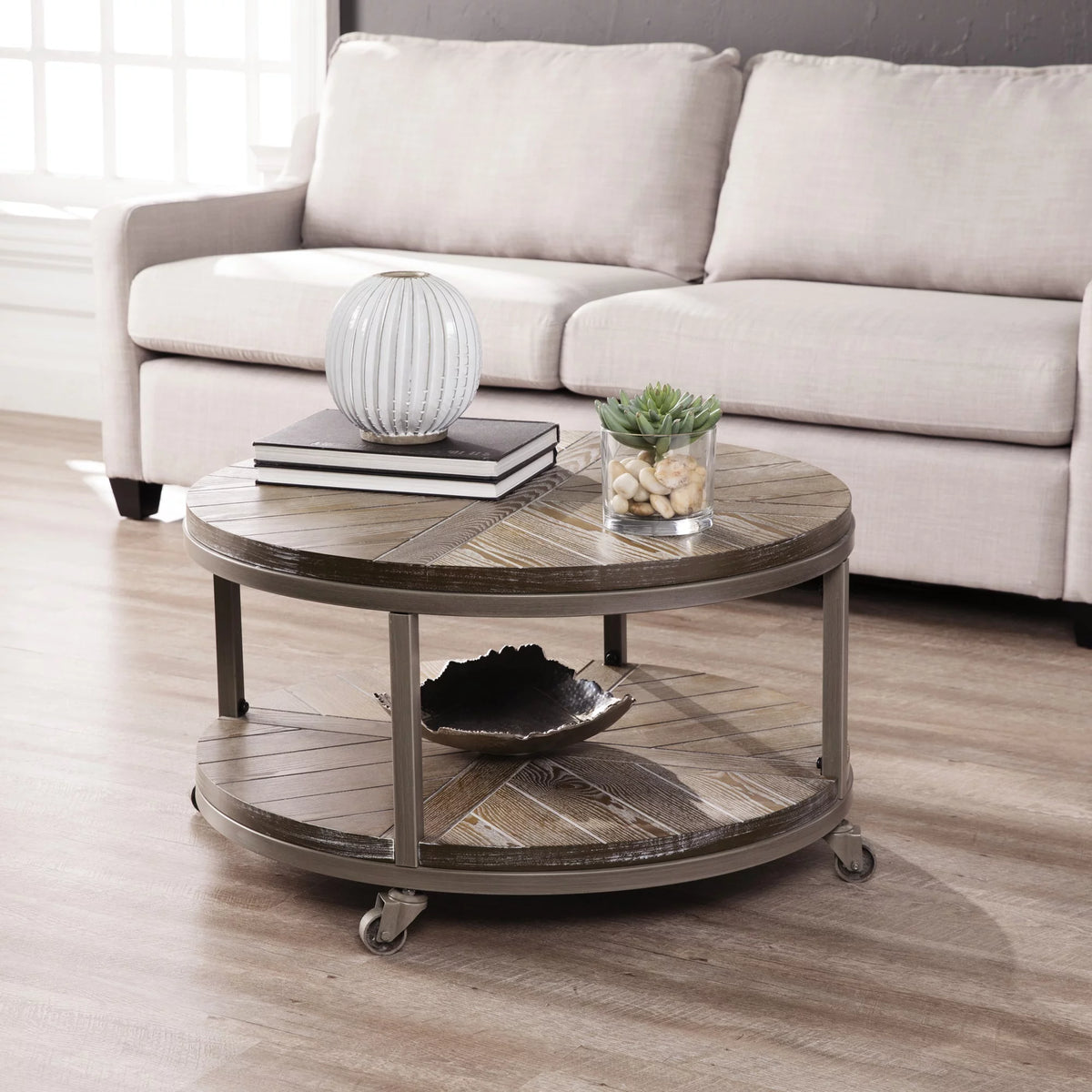 Round Industrial Mobile Coffee Table J34844