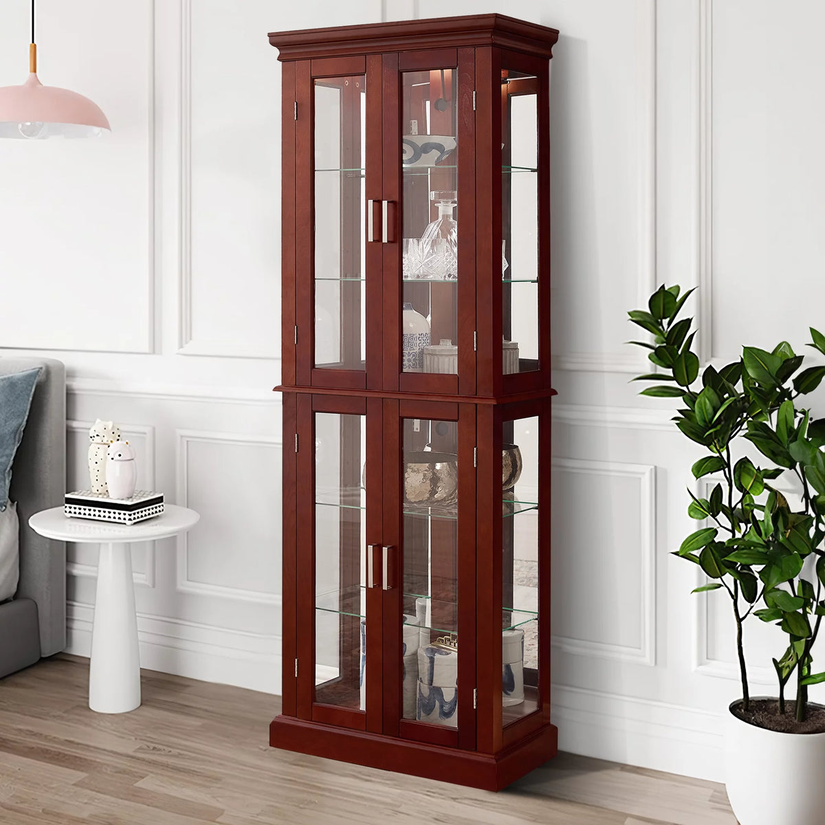 6-Tier Lighted Curio Display Cabinet with Adjustable Shelves and Tempered Glass Doors O17359
