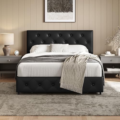 Black Queen Upholstered Bed Frame with 3 Drawers Storage G889754