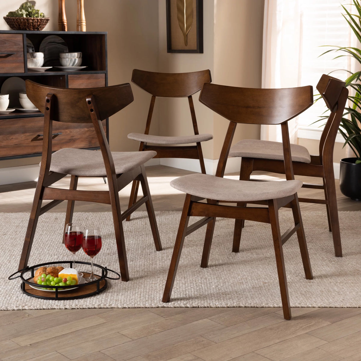 Light Beige Fabric Upholstered Walnut Brown Wood 4-Piece Dining Chair Set M7380