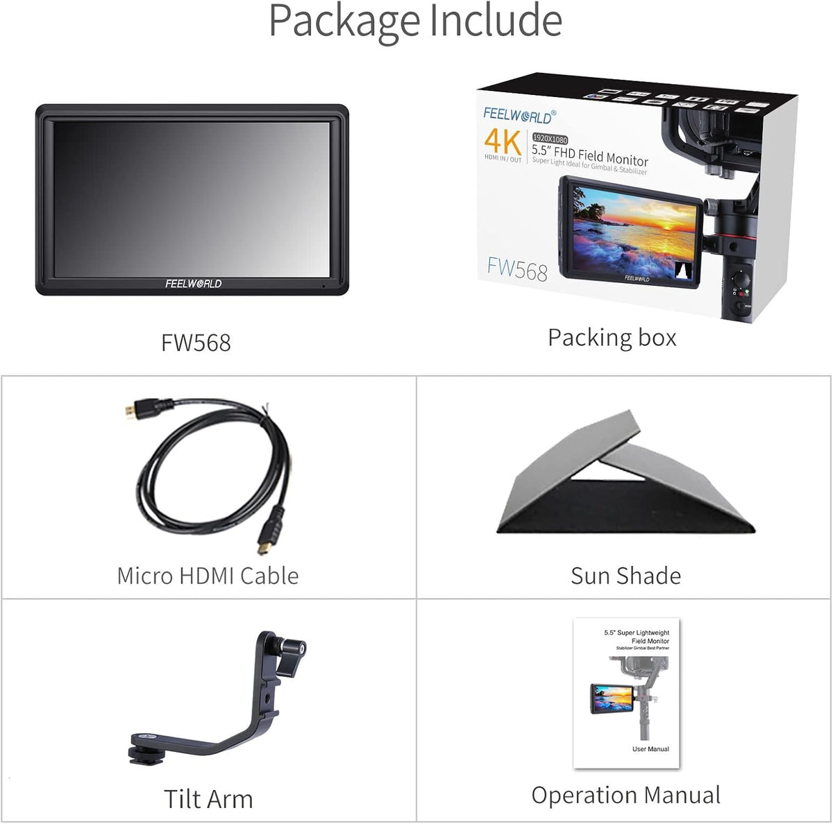 5.5 Inch 4k HDMI Camera Field Monitor with Sunshade and Tilt Arm Mount K38790