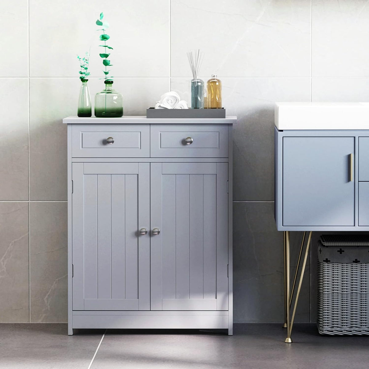 Grey Freestanding Bathroom Storage Cabinet with 2 Door, 2 Drawers, Adjustable Shelf V4640