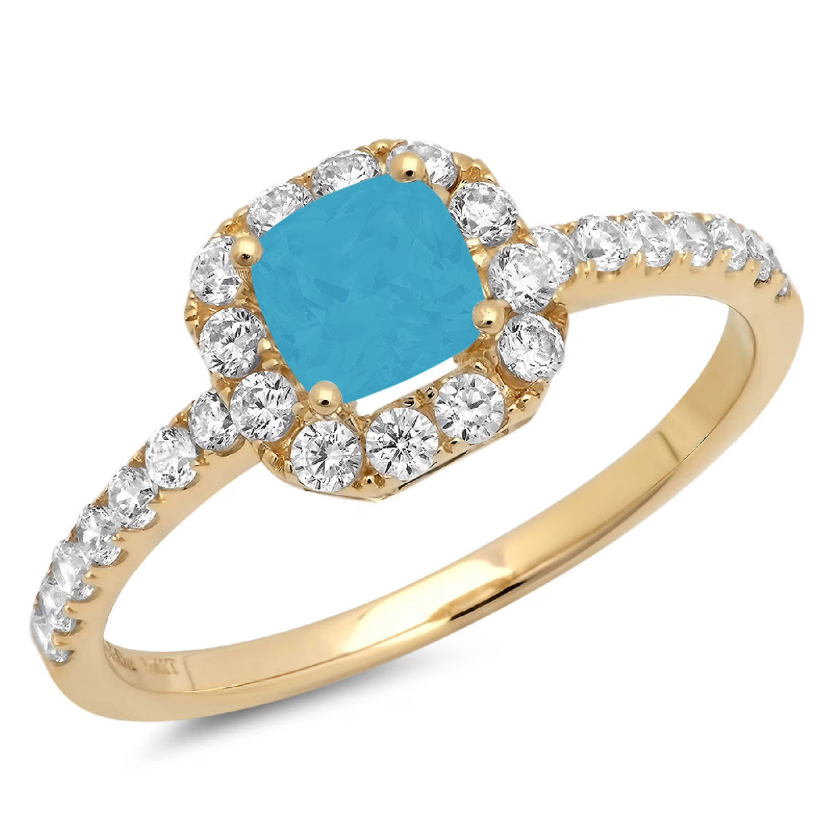 Princess Cut Blue Simulated Turquoise 14k Yellow Gold Halo Ring Size 7.25 Y563176