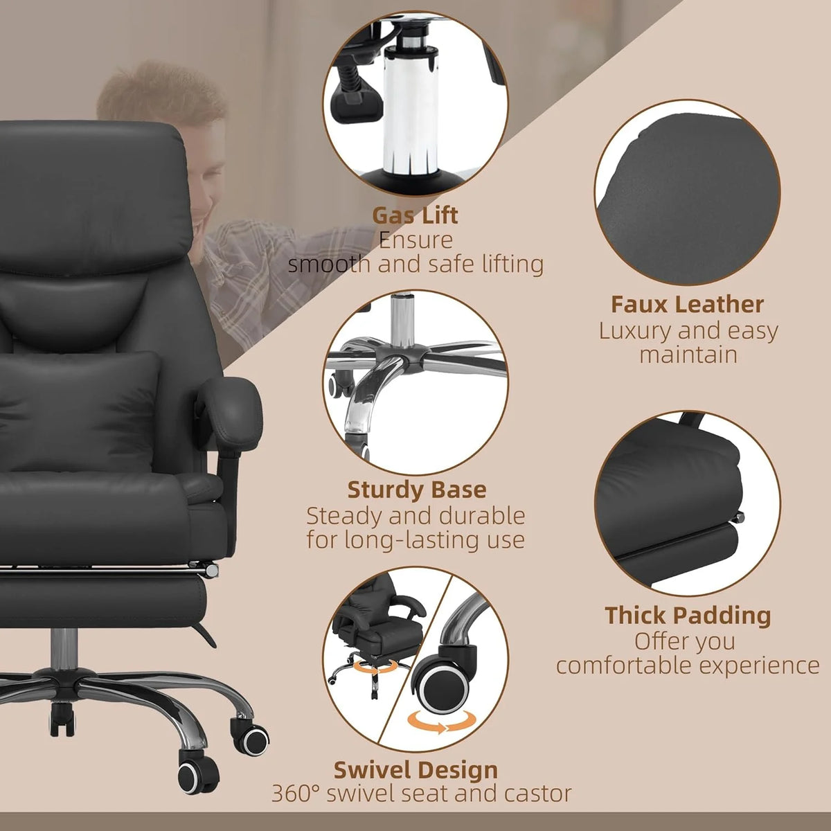 Black PU Leather Reclining Office Chair with Footrest E183