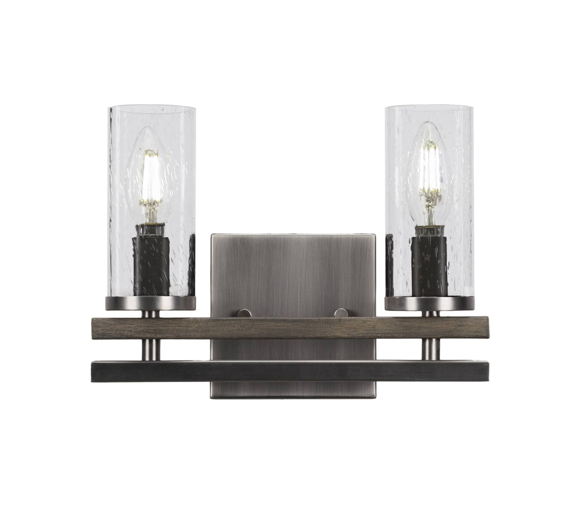 2 Light Graphite-Distressed Wood Bath Bar with Clear Bubble Glass Y70208